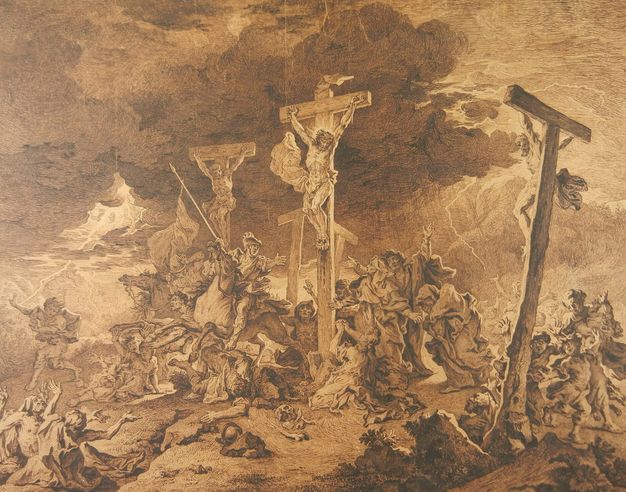 Painting in brown tones depicting Crist crucified in the center. There are two other individuals crucified in T-shaped crosses next to him and two empty crosses in the background. A crowd of people gather chaotically below Christ. Many throw their hands up in despair, and others are on the ground being trampled by horses.