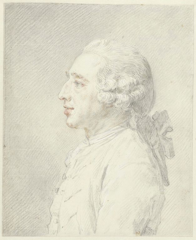 Drawing showing the profile portrait of a man with his hair tied to the back. He is shown wearing a shirt and a coat or a jacket with buttons down the front. The traces of the drawing implements can be appreciated in the form of fine lines throughout the surface of the piece.