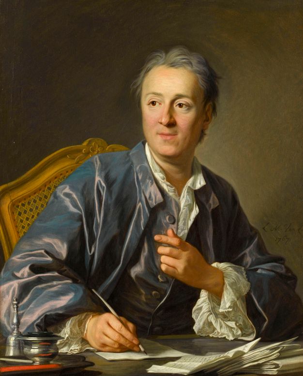 Portrait of a man sitting at a desk. He wears a matching blue coat and waistcoat and a white shirt underneath. He is shown writing on a paper using a quill that he holds in his right hand.