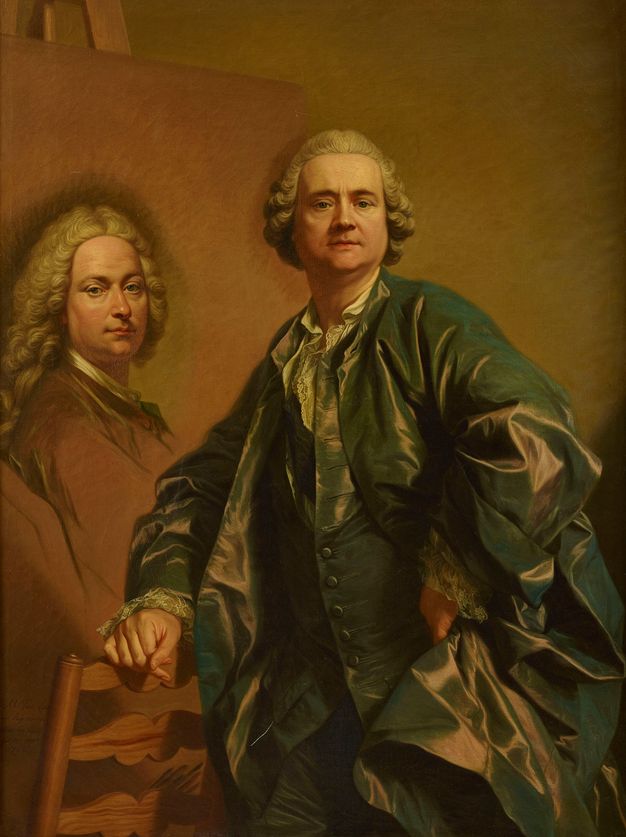 Portrait of a man in front of a canvas. The man is shown standing, facing the viewer, and leaning on a wooden chair to his right. He has white hair and wears a matching waistcoat and robe in blue. The robe hangs loose over the man’s body creating pleats and shimmers.