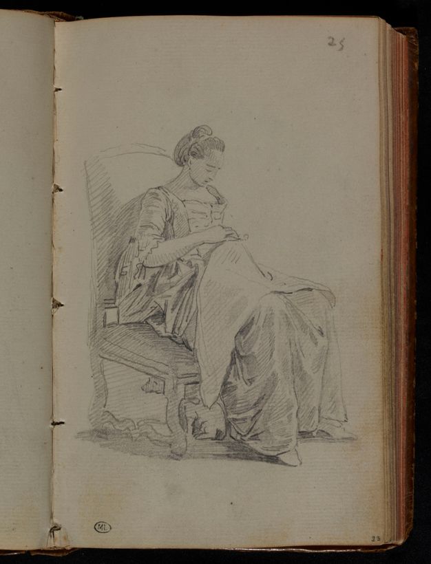 Drawing on a bound book depicting a woman seated on a chair, looking down to her needlework. A dog is under the chair. The page features a number on the right top corner and on the right bottom corner. A small stamp with the letters M and L is shown on the left bottom corner of the page.