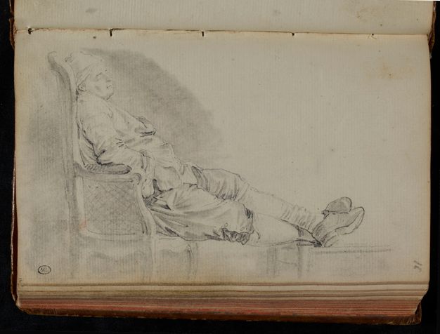 Drawing on a bound book depicting a man asleep on an armchair with his legs up on a stool. The drawing has been completed in landscape orientation, turning the book sideways. A number and a small stamp with the letters M and L are shown on the left bottom corner of the page. An additional number appears on the right bottom corner.
