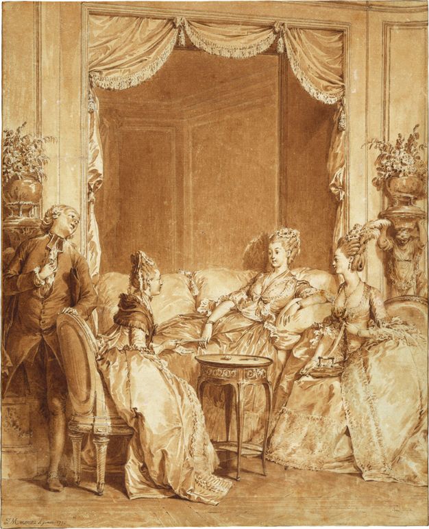 Illustration of a woman lying on a daybed surrounded by three other figures. Two women sit on chairs placed in front of the daybed, to the right and left of the reclining woman. A man stands to the left of the scene leaning on the back of one of the chairs. The women are lavishly dressed in puffy skirts, jewelry, and elaborate hair styles.