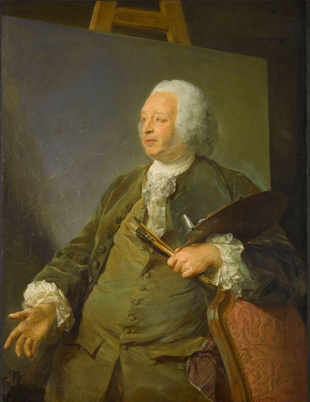 Three-quarter portrait of a man in front of a canvas. He leans on the back of a red chair placed to his left.  He has white hair and wears a green coat and waistcoat, and a white shirt underneath with ruffles down the front and at the sleeves. He holds a color palette and brushes on his left hand. A handkerchief spills out of the man’s waistcoat pocket.