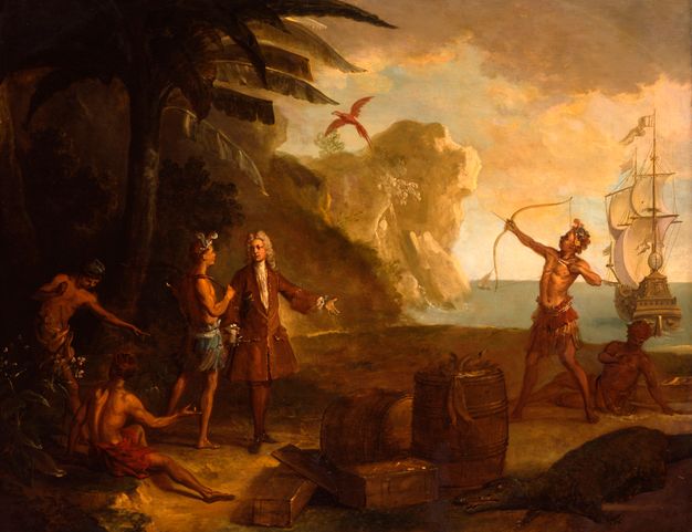 Painting depicting a group of people at a beach. A white man dressed in a coat, pants, and stockings is shown talking with three Indigenous men, who appear topless, but wearing headdresses and skirts. In front of them are a number of hogsheads and trunks. To their right are two other Indigenous men. One points with his bow and arrow towards a colorful bird that flies above. A ship can be seen in the water in the background.