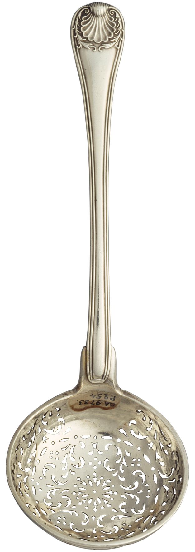 Silver ladle-style spoon with a perforated head.