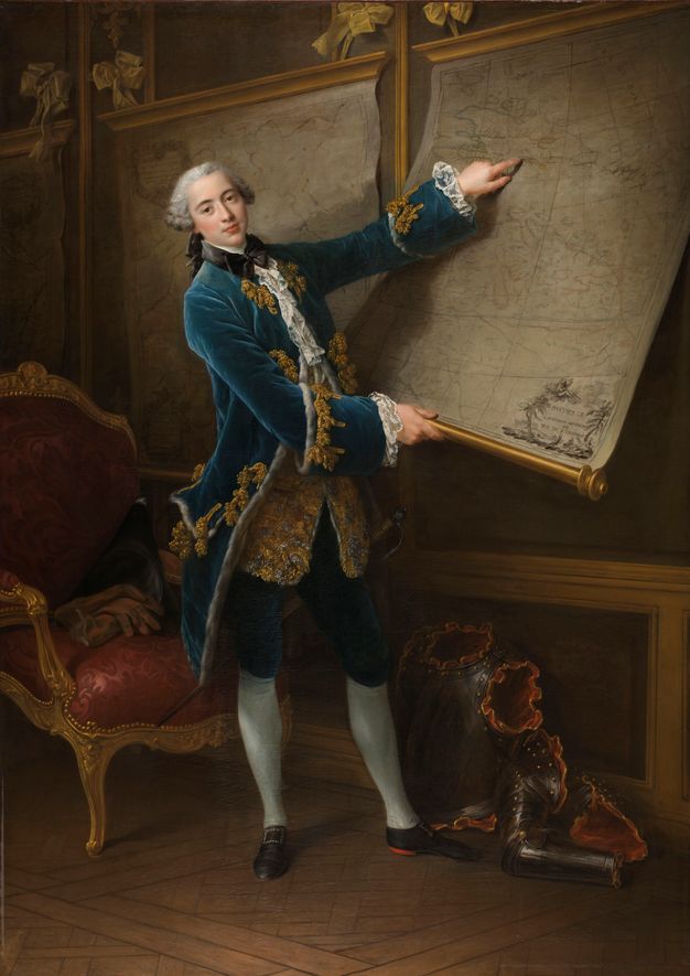 Full portrait of a man standing in front of a red armchair and next to a wall covered with maps. He uses his right hand to separate one of the hanging maps from the wall and his left to point at a location on the map. He is shown with his hair tied at the back with a black ribbon, and wearing a blue velvet coat lined with fur, a brocade waistcoat, blue pants, white stockings, and black shoes with a red heel. A metal armor is depicted at his feet.
