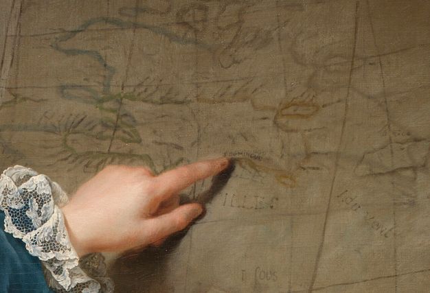 Detail of a panting shown in figure 158. The close-up image shows the left hand of the painting’s subject with his index finger extended pointing to an area of the map labeled as S Domingue.