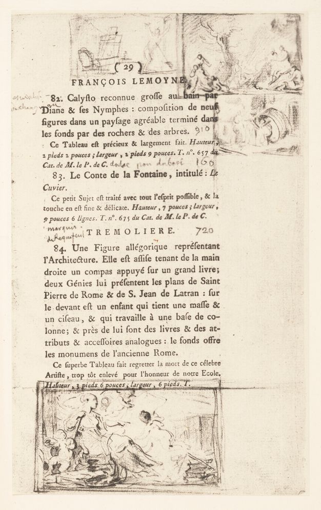 Page with printed text in French and sketches on the top right corner and at the bottom. Handwritten annotations appear around the printed text.