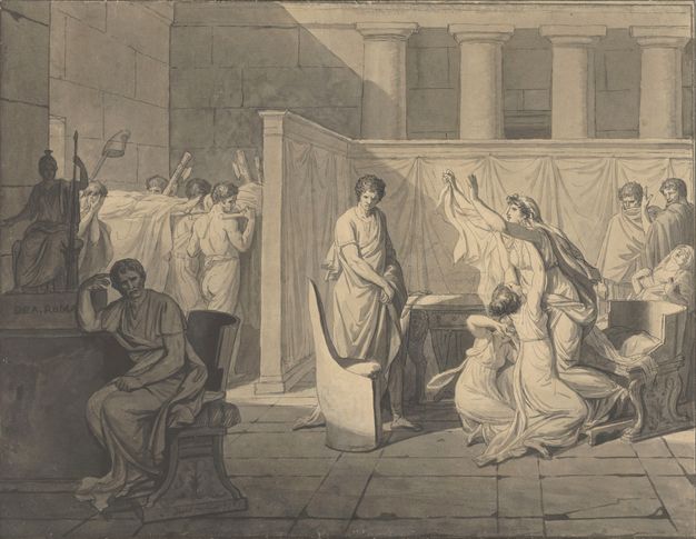 Preliminary sketching of the scene shown in Figure 163. In this case two men carry the front of the litter and the body on top is covered with a sheet. More people appear in the courtyard. The standing woman is situated next to a rounded table without cloth. She raises both arms towards the litter as two younger women hold on to her as they kneel. A man in front of them faces away from the entrance. Three people appear to the left of the image. A seated woman tilts her head back and two men cover their faces with their hand and cape.