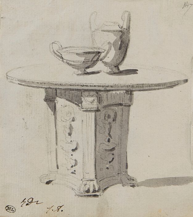 Drawing of the table shown in Figure 164 featuring two vessels on top that resemble ancient Roman ceramic styles.