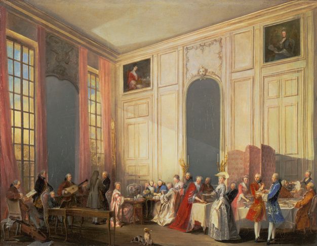 Painting depicting a gathering in a palatial salon whose walls are decorated with molding and paintings. A group of musicians are shown to the left of the image placed in front of large windows. Over a dozen of people dressed in lavish attire are shown standing or sitting around tables. Some of them hold small plates and cups.
