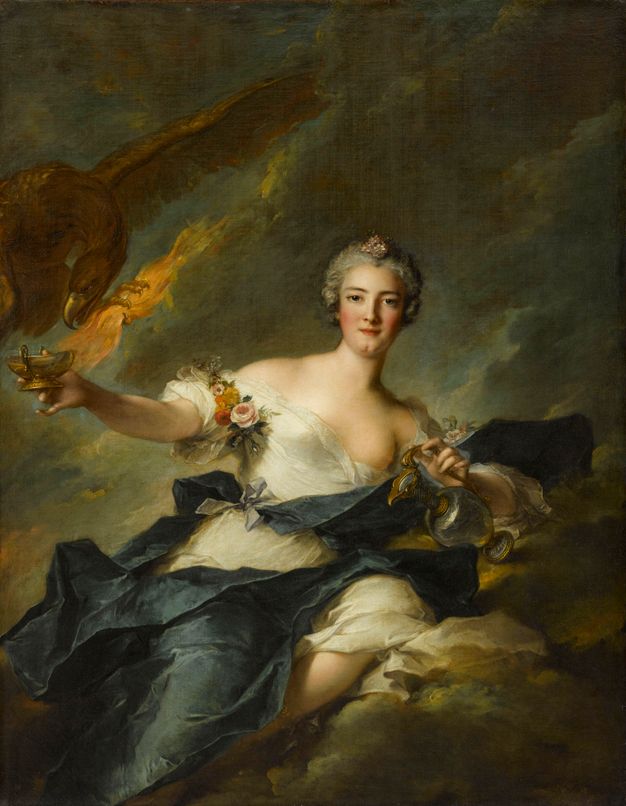 Painting of a woman sitting on a cloud. Her greying hair is tied to the back. She wears a light, white dress that leaves her left breast uncovered, and flower ornaments around her upper arms and on her head. A blue fabric wraps around her body. She holds a glass bottle with golden ornamentation in her left hand, and a golden cup in her right. She is shown with her right arm stretched out towards a flying eagle.