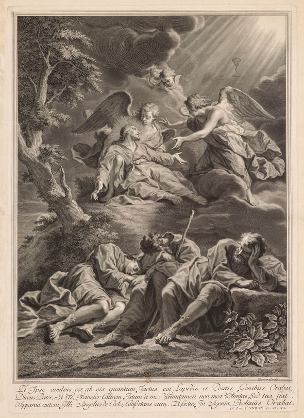 Engraving depicting three people sleeping on the ground. They wear robes and recline over nearby stones or folded over their own laps. Above, three people are shown floating among the clouds. Two of them have wings on their backs and embrace a haloed man in between them. The latter looks towards a chalice that floats further ahead.