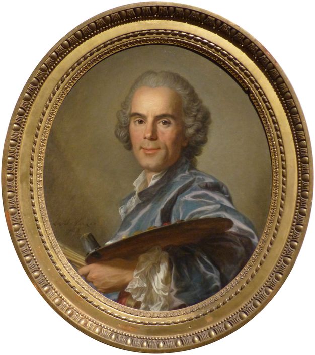 Oval portrait of a man set in a golden frame. He is depicted looking forward while his body is turned to the left. He wears a loose, grey bonnet wig and a bright blue coat with ruffles at the sleeves. He is shown holding a color palette on his left forearm.