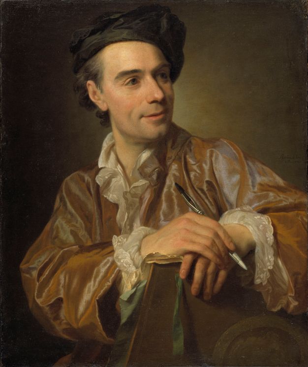 Portrait of a man looking towards the right. He is shown on a chair on which back he rests his arms. He has short curly hair and wears a black cap, and a silky loose robe with lace ruffles around the collar and at the end of the sleeves.