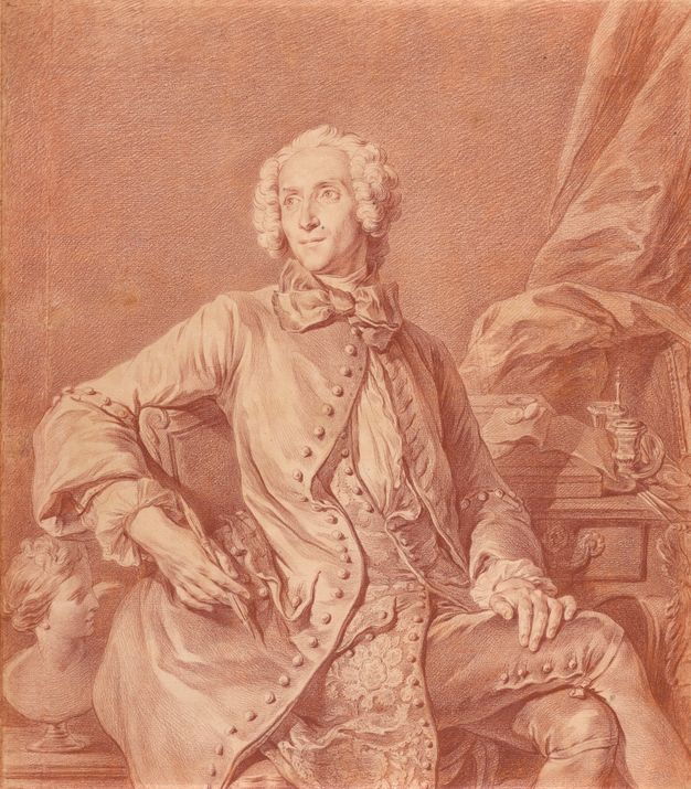 Portrait in red tones of a man sitting on a chair. His body faces towards the right while his head is turned towards the left. He wears and open coat, a waistcoat with floral motifs, a loose gauze-like shirt, and knee-length breeches. He has a wig with curls on the sides and a large bowtie. He holds a quill on his right hand and rests his left on his upper leg. He poses in front of a desk where an inkwell and stitched pages can be seen. Voluminous curtains peek through on the right edge of the image and the bust of a woman can be seen on the bottom left corner.