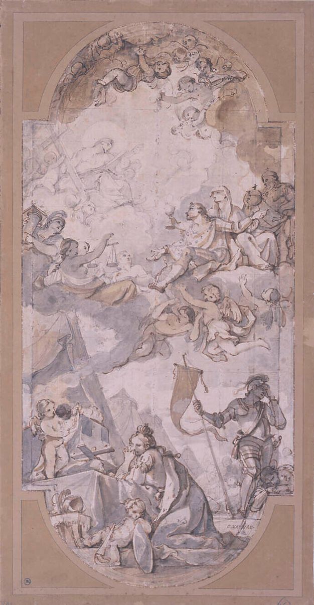 Preparatory drawing in blue tones. A person with long hair dressed in a robe and wearing a crown, appears at the bottom, kneeling in front of a makeshift altar. A cherub rests next to this figure and other stands on the altar in front of them. To the right and slightly behind, an individual in an armor is shown looking to the right. They hold a triangular flag on their right hand and bring their left to their face. A row of tents and a crowd of people can be seen blurred out in the background. Above, sitting on a bank of clouds is a group of figures who look up towards a haloed figure. One of them holds a small pillar, another, a chalice, another, scales, and another one, a globus cruciger. They are surrounded by a dozen cherubs.