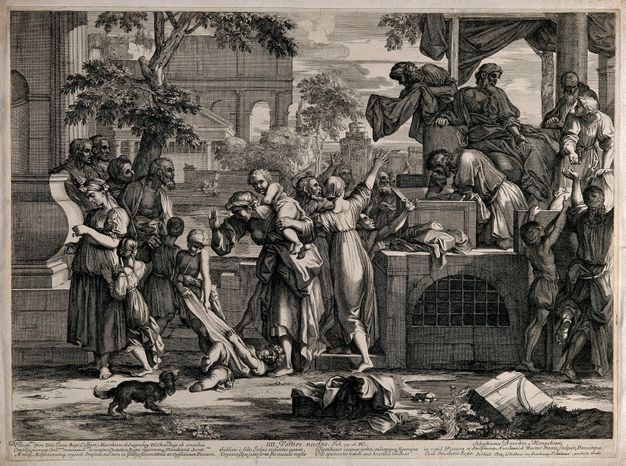 Engraving showing a busy scene where a group of people is shown in the right upper corner handing clothes to a crowd of women, men, and children that gather below raising their arms up and showing anguish in their faces. The two groups are separated by a low stone wall.  The space on the foreground is filled with trash while the space behind the wall shows palatial budlings.