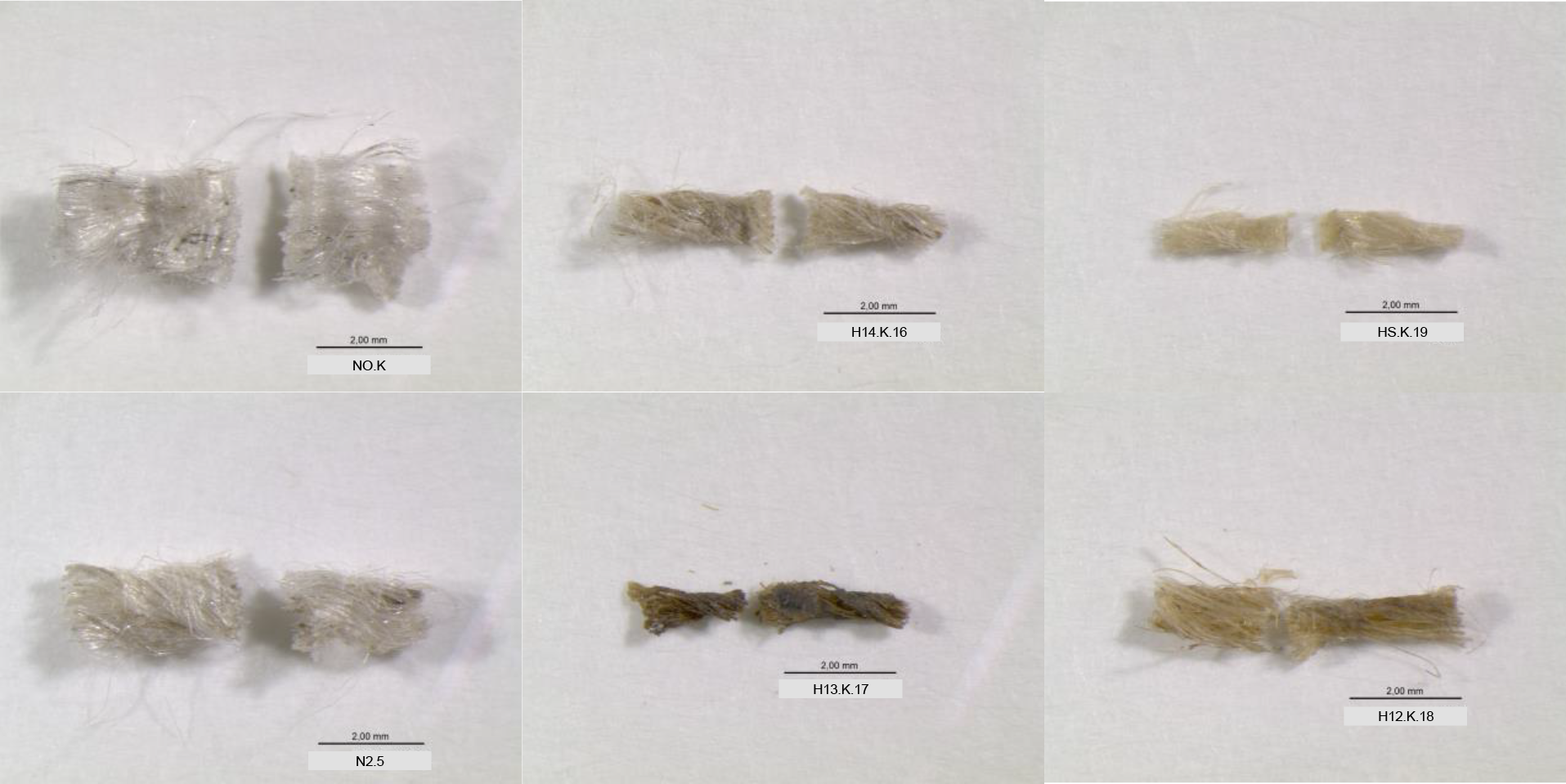 6 photos of differnt yarn pieces, each with a cut in the middle.