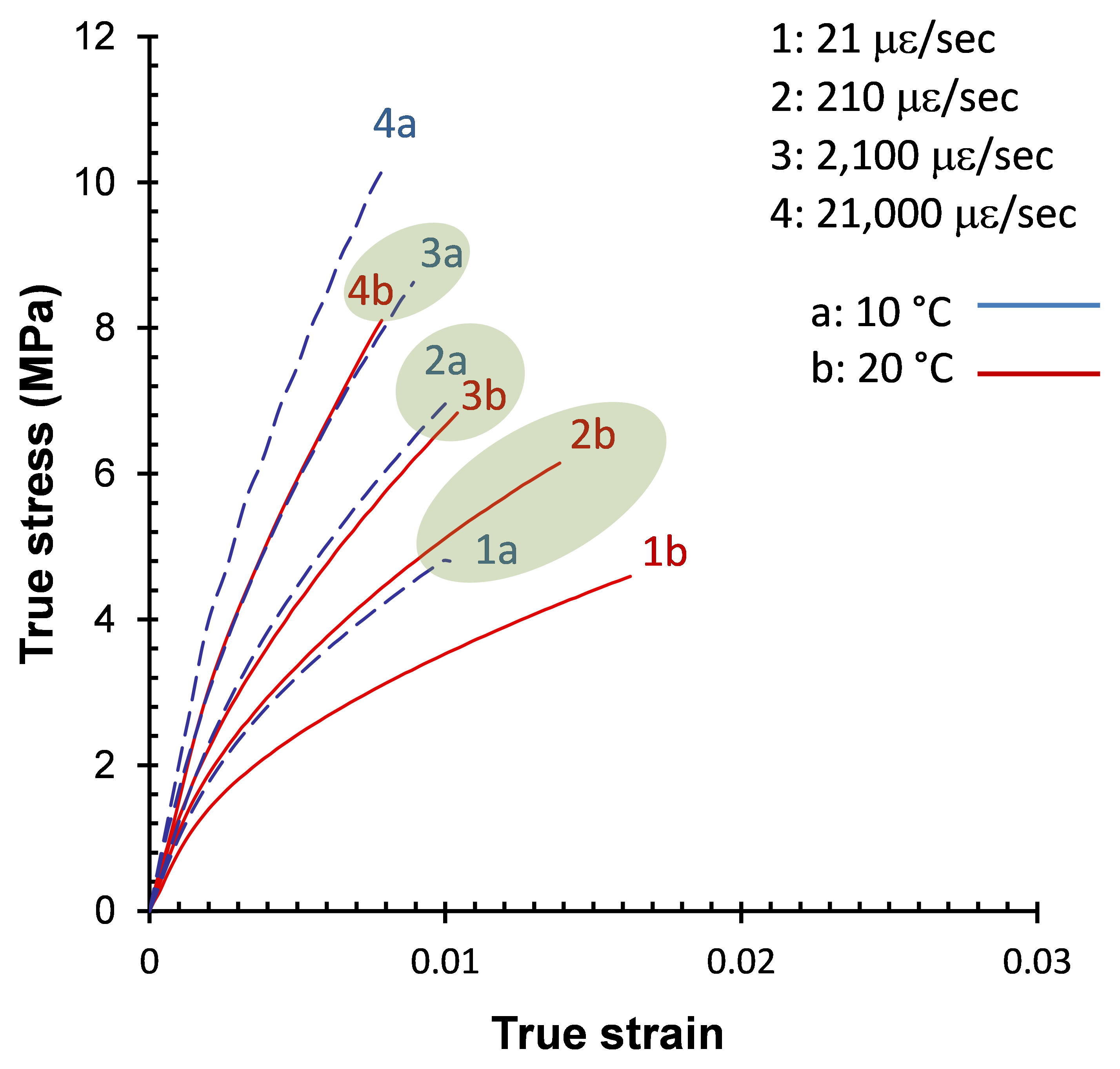 A line graph depicting true strain versus true stress. There are eight lines, four dotted blue lines (labeled 1a-4a) and solid red (labeled 1b-4b).