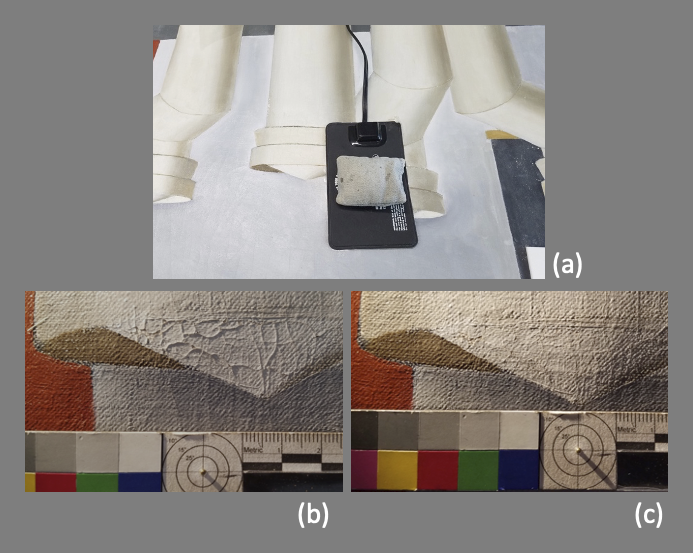Image A shows a rectangular reptile warming mat with a sandbag on top of it lies on a small part of a painting. Image B shows a detail of canvas that has visible ridges and bumps on it, with a reference color palette and ruler below it. Image C appears like the canvas from B but it now has the ridges and imperfections in the canvas smoothed out.