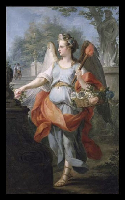 Oil painting of an angel in a garden. The figure is clothed in flowing blue and pink flowing fabric, similar to the figure in (a).