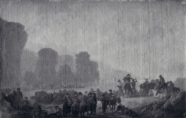 Black and white image in raking light of a landscape oil painting. There are figures to the bottom half of the painting.