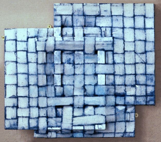 Photograph of a painting of blue, grid-like interwoven canvas.
