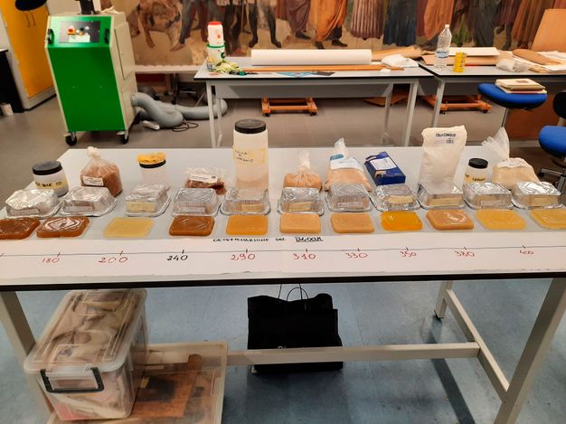 Photograph in a conservatino room of various animal glues lined atop a table.