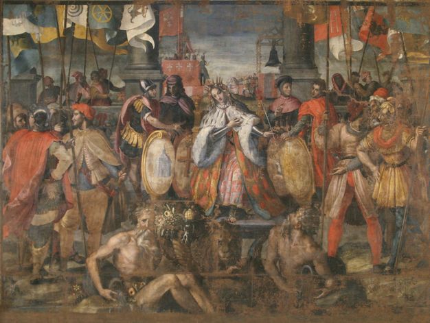 Image of the oil painting after treatment, which depicts elaborate figures dressed in red and gold.
