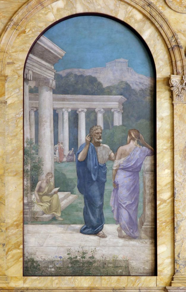 Photo of an oil painting mural depicting ancient Greek figures in conversation. The men are clothed in colorful robes and stands near columns.