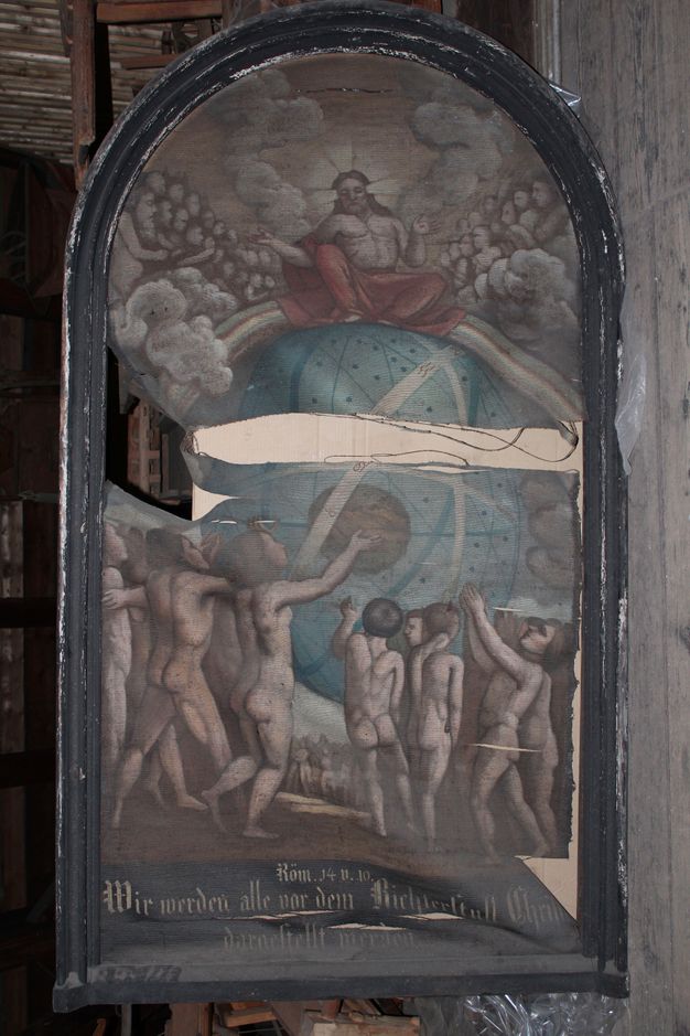 Photo of the painting in 13.1 slightly repaired. The canvas no longer drapes.