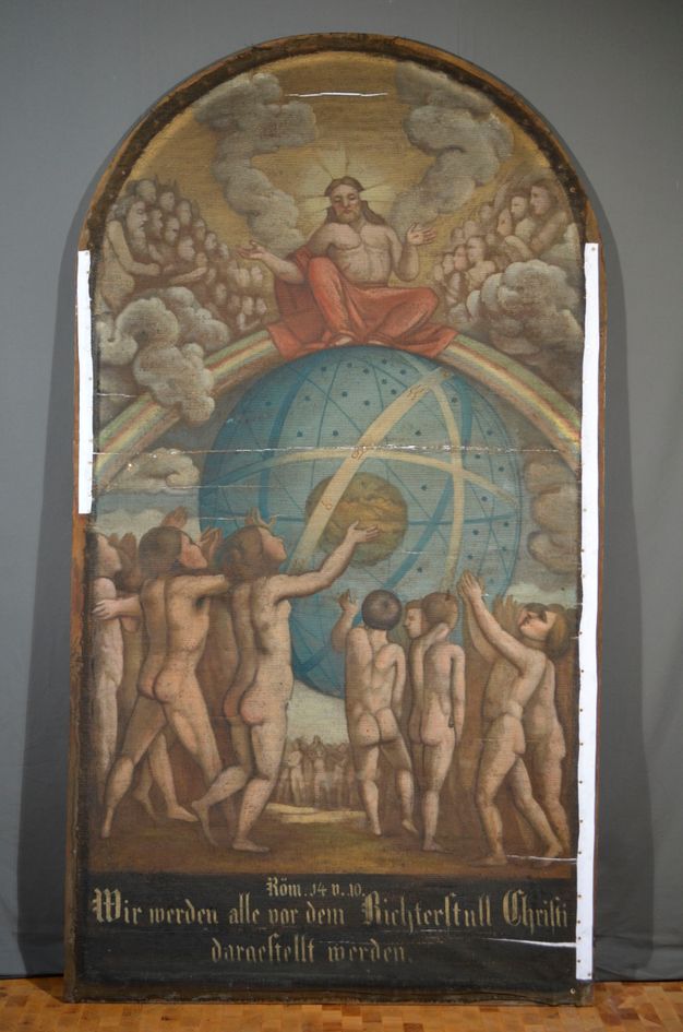 Photo of the painting (13.1) fully repaired. There are few visible tears.