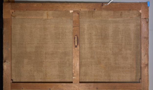 Photo of painting canvas backing, slightly browned with age.