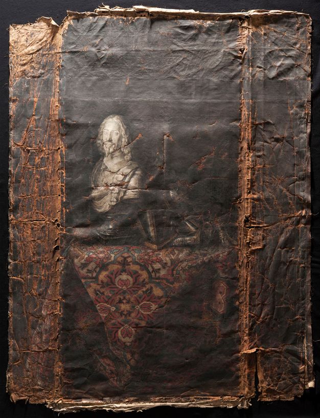 Photo of a dark, still-life oil painting of a statue bust. The canvas is worn and damaged.