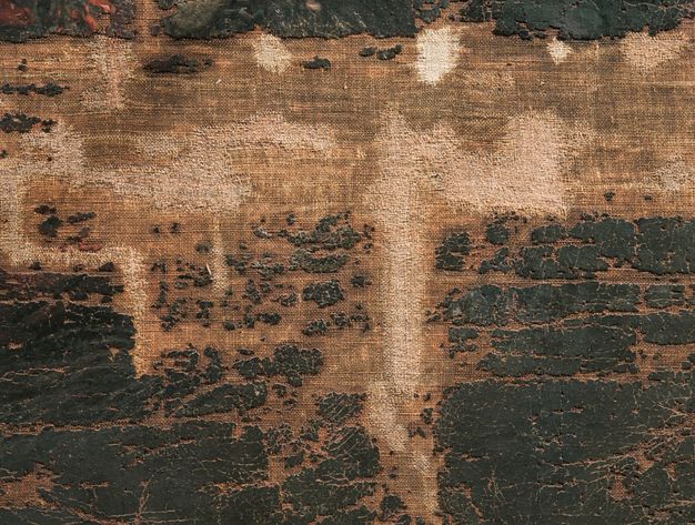 Close up of the painting (14.6) mended with pale thread.