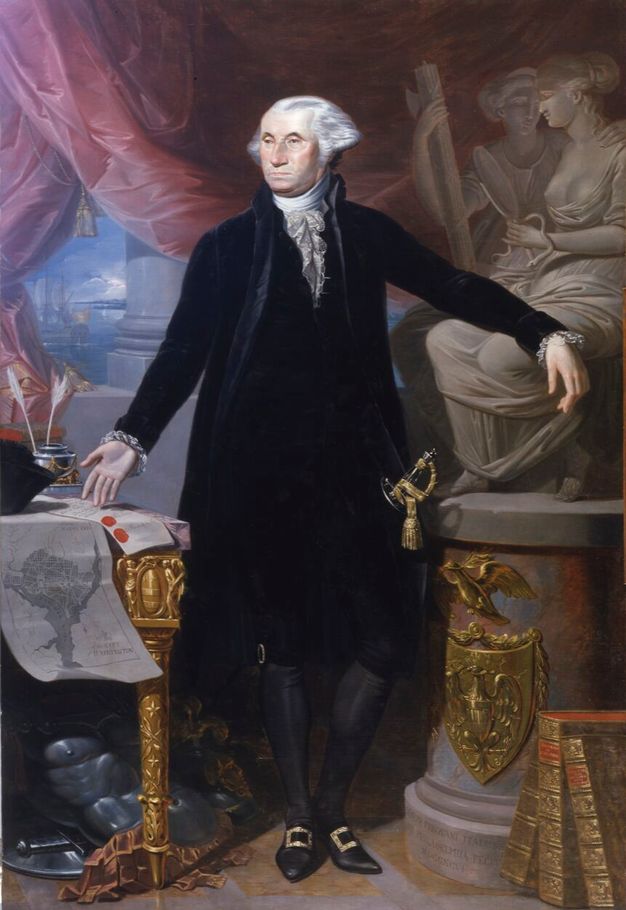 Oil painting of George Washington. He stands while wearing black clothes with pale hair. Red curtains drape in the background and his left arms rests atop a statue.