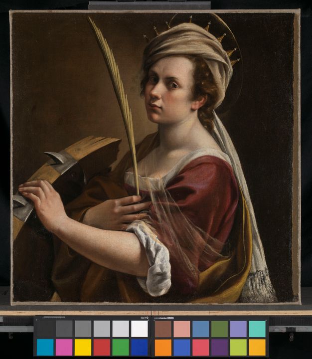 Photo of the same oil painting after treatment, now with more vivid colors and clearer details.