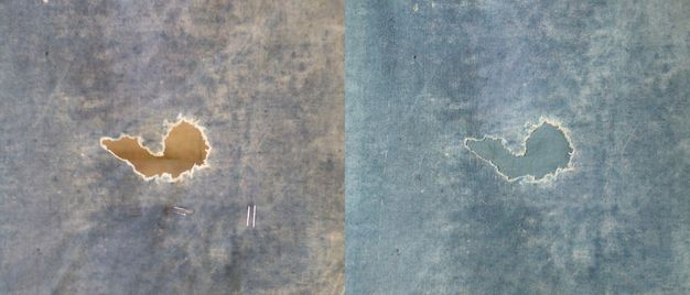 Close up photo of of a hole in the above painting (left) after it is mended (right).