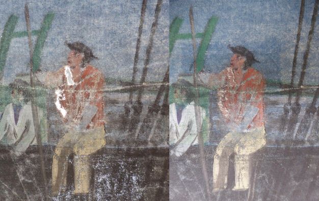 Close up photo showing two photos of a painting (23.1) detail of a man. To the left, there are numerous small holes in the canvas. The right photo shows the painting with the holes mended.
