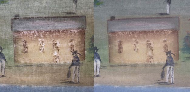 Close up before (left) and after (right) photos of a paiting (23.1) detail. The painting depicts two figures walking along the shore.