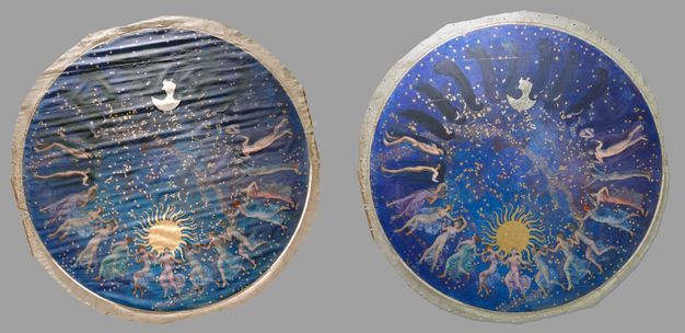 Before (left) and after (right) photos of the same painting (24.1). The first photo shows the painting as wrinkled and darker, and the second photo has brighter colors and the canvas is stretched. 