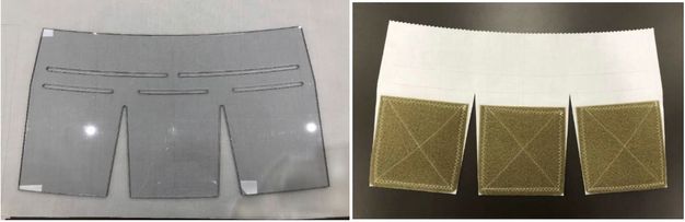 Close up photos of the template (left) and resulting canvas edge strips (right).