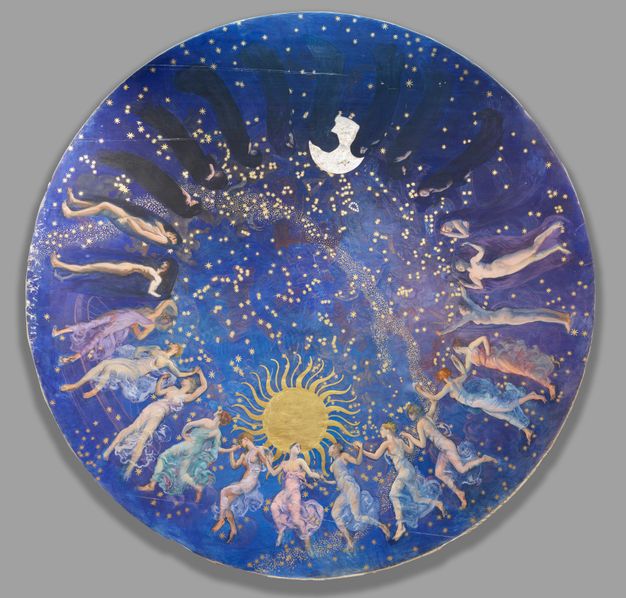 Photo of the painting (24.1) after treatment. It is a bright blue, circular, depicting numerous figures around the circumference of the painting.