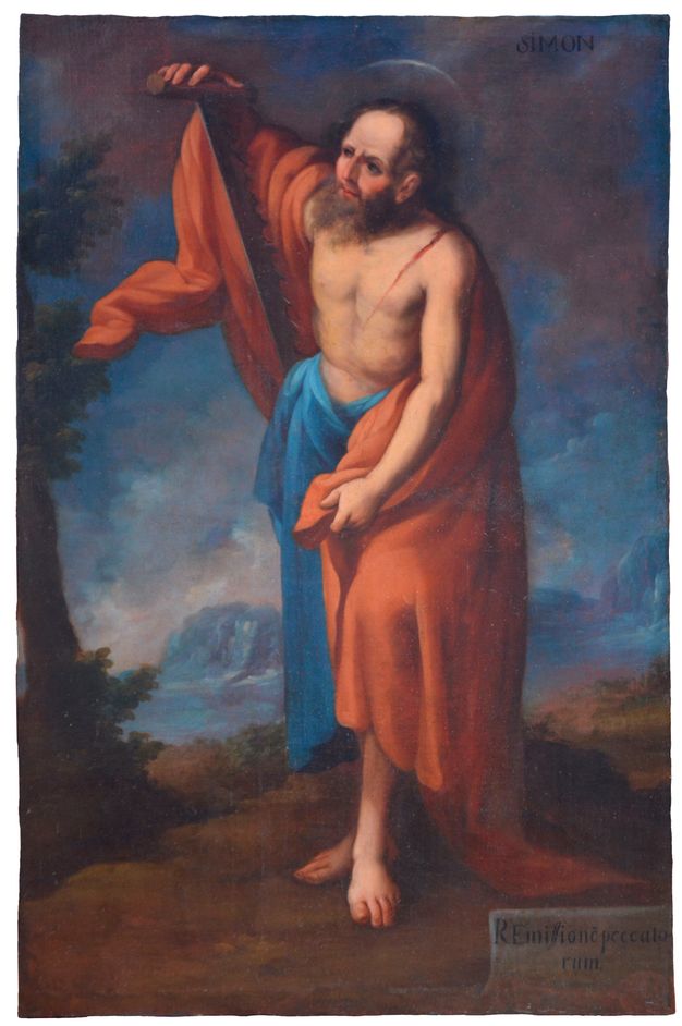 Long oil painting of a male figure clothed in red and blue fabric, draped across his shoulders and waist.