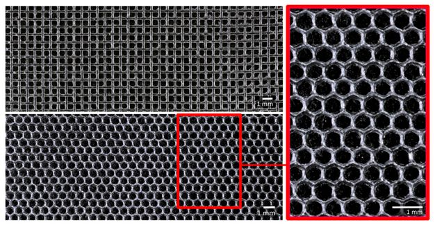 A magnified view of adhesive meshes showing a square pattern, top, a honeycomb pattern, bottom, and further magnification of the honeycomb pattern, right.