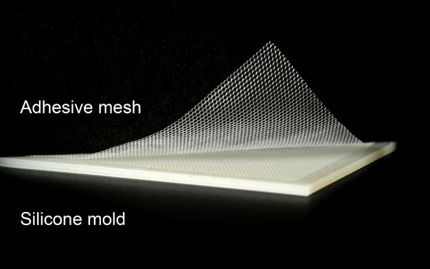 A layer of adhesive mesh peeled back from a silicone mold that has a honeycomb pattern imprinted on it.