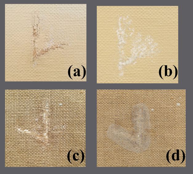 Four images of a tear in canvas showing the progression of treatment from image A, which is a front view of the original tear, image B, which is a front view of the tear filled with white material, image C, which is a reverse view of the filled-in tear, and lastly image D, which is the reverse view of the canvas, with the tear in the canvas now mended and covered with a mesh fabric.