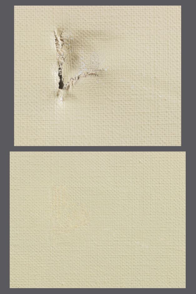 A tear in the front side of canvas showing a small hole and other ruptures, top, and the same spot of canvas now mended with abrasion marks barely visible, bottom.